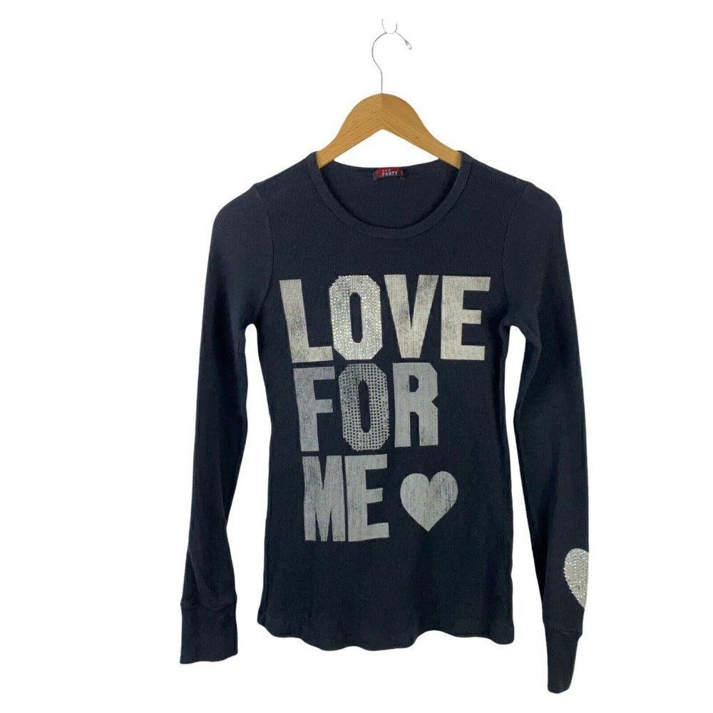 T Party Top Large Womens Black Silver Thermal Shirt Blouse Embellished Knit